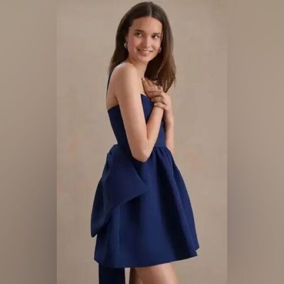 SACHIN + BABI Blaine Taffeta Square Neck Bow Train Mini Dress BHLDN Navy New 4 - Picture 10 of 12